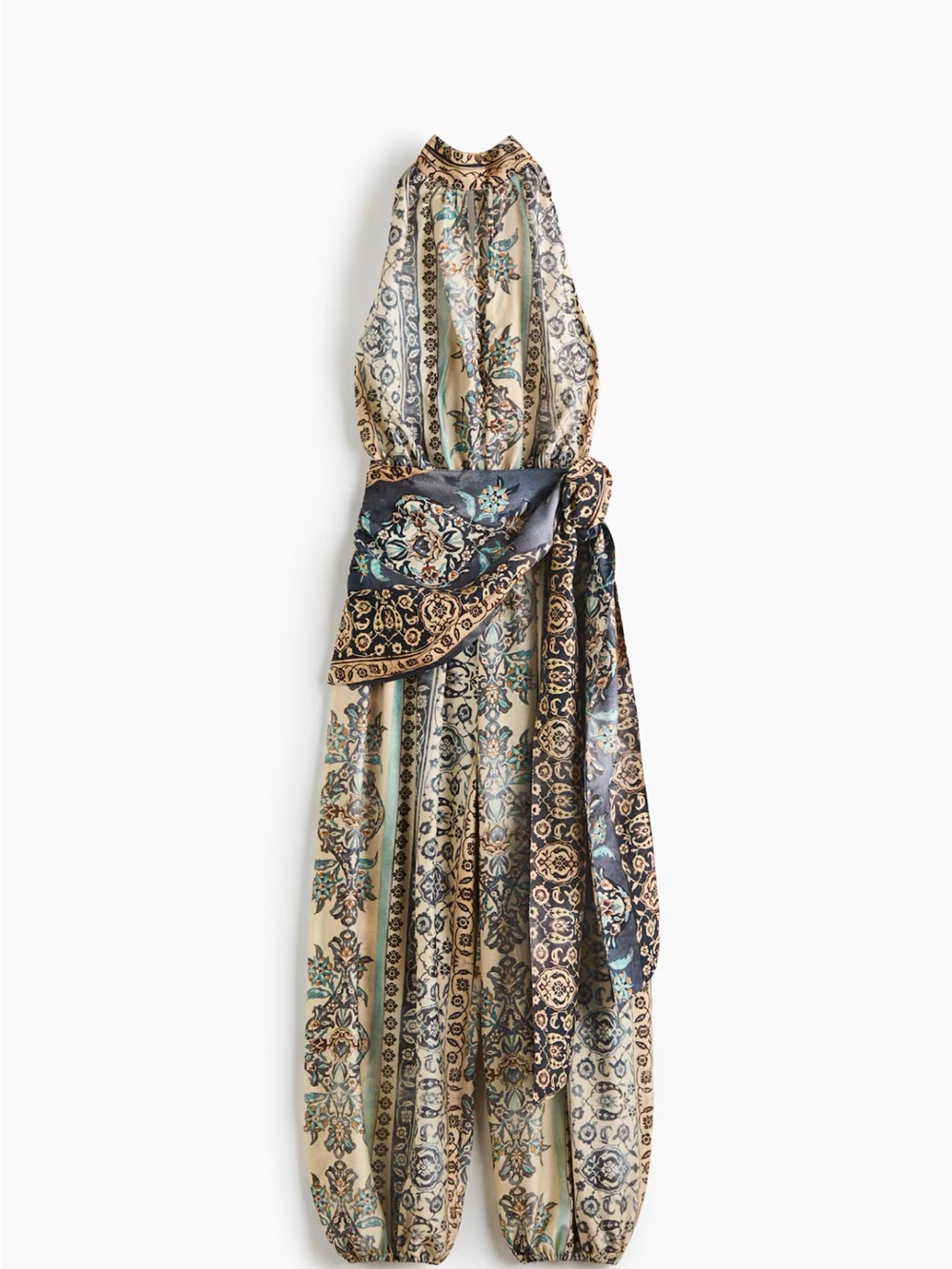Tie detail backless jumpsuit- Boho Halter Printed Maxi Dress in Cream and Teal